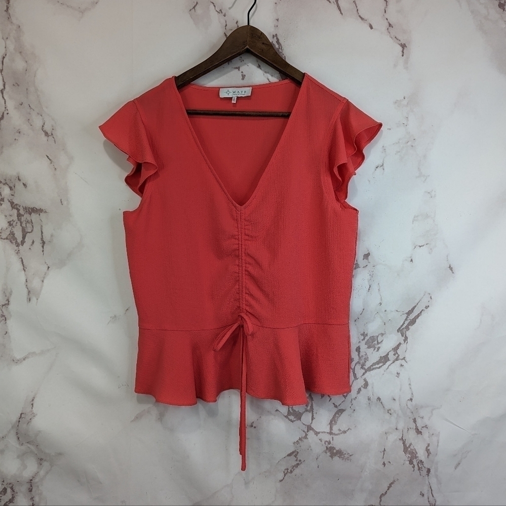 Wayf Shirt Womens Large Pink Salmon Coral Peplum Flutter Tie V Neck Crepe Blouse